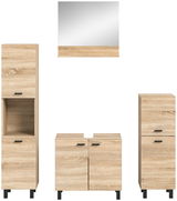 Badkombination aus Holzoptik mit Spiegel, bestehend aus einem hohen Schrank, einem Waschbeckenunterschrank und einem weiteren Schrank, frontal betrachtet.
