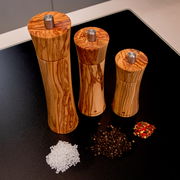 Drei Pfeffermühlen aus Olivenholz in verschiedenen Größen, von oben fotografiert, neben Gewürzen auf einer dunklen Oberfläche.