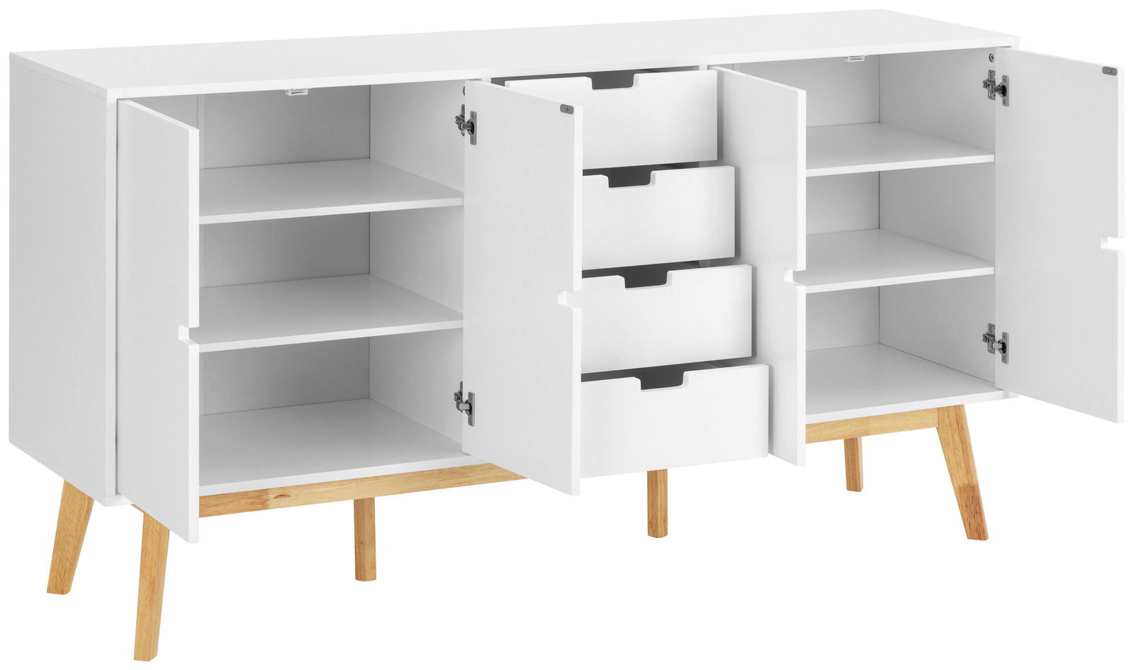 Weißes Sideboard mit offenen Türen und Schubladen, auf Holzbeinen stehend, Frontalansicht