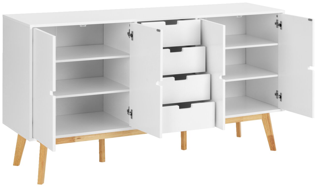 Weißes Sideboard mit offenen Türen und Schubladen, auf Holzbeinen stehend, Frontalansicht