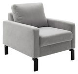 Grauer Sessel mit Armlehnen und schwarzen Beinen, seitliche Perspektive