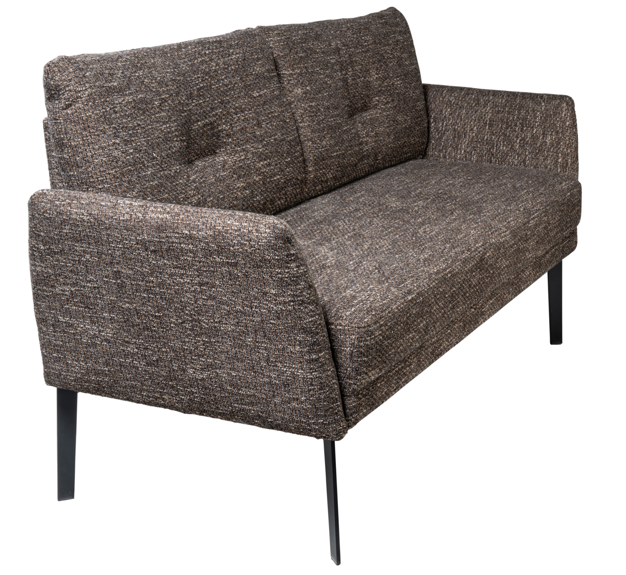 Moderano Bank SINGAPUR Zweier-Sitzbank mit braunem Stoffbezug und schwarzen Metallbeinen, seitliche Perspektive