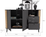 Modernes Sideboard in dunklem Design mit offenen Türen und Schubladen, dekoriert mit einer Lampe, einem Kunstwerk und einer Vase, frontale Perspektive.