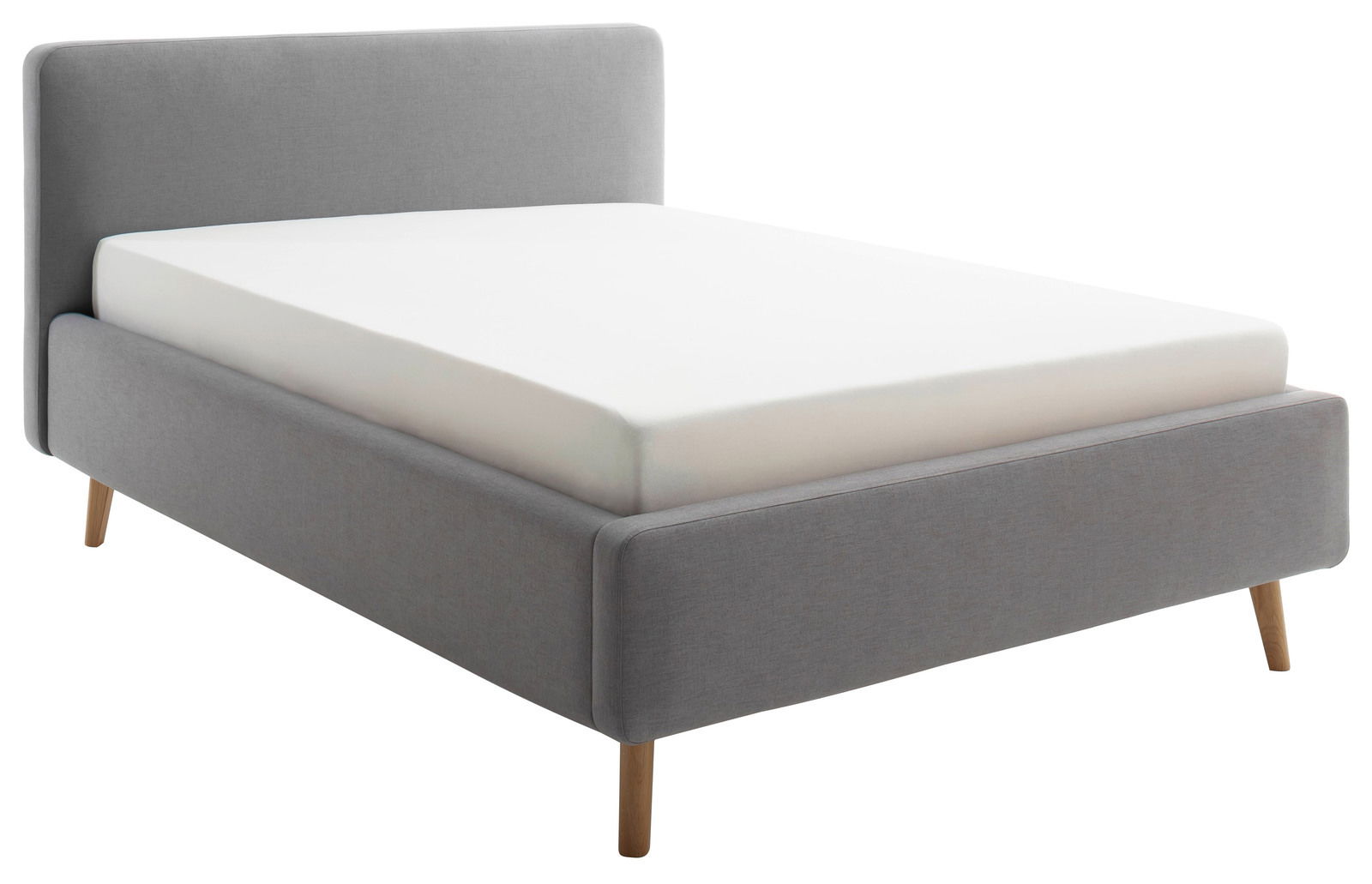 Graues Polsterbett mit Holzfüßen, seitliche Perspektive