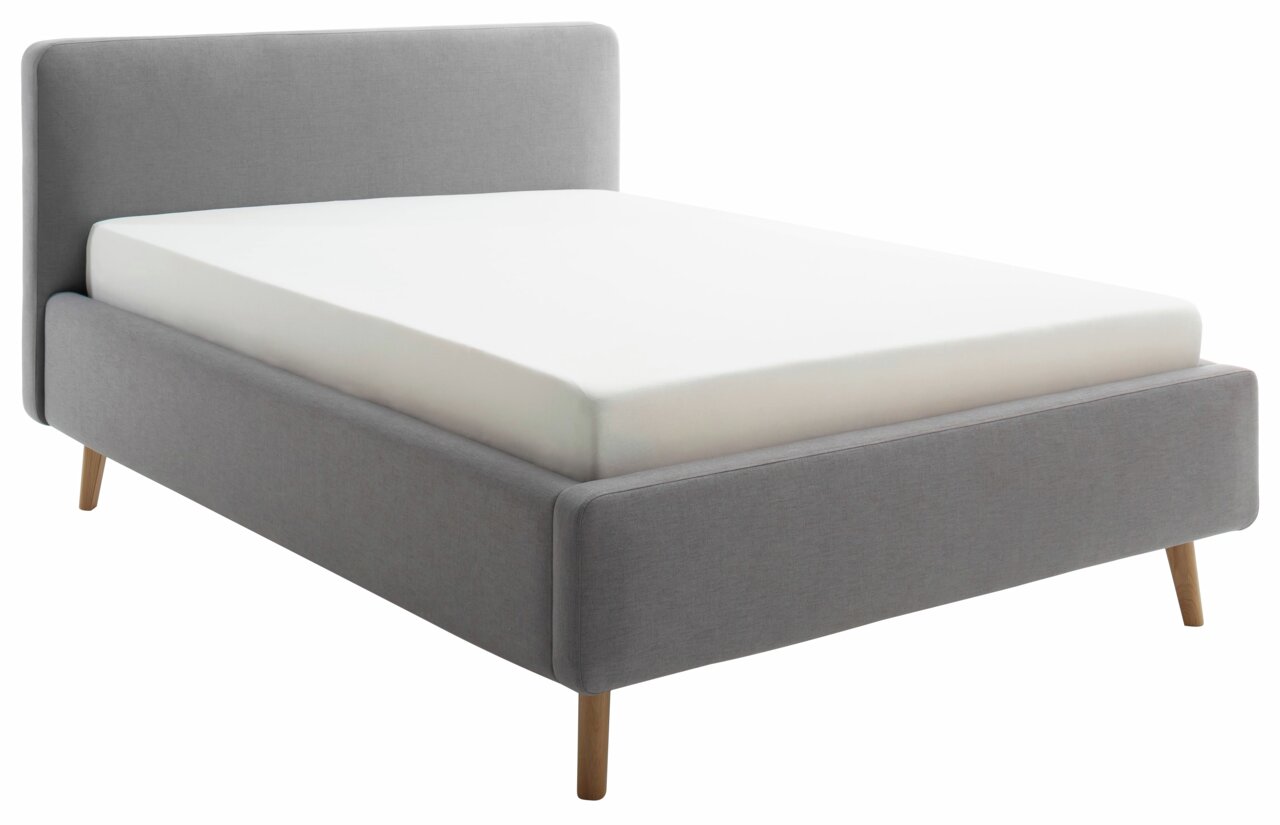 Z2 Polsterbett MATTIS Graues Polsterbett mit Holzfüßen, seitliche Perspektive