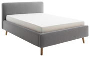 Graues Polsterbett mit Holzfüßen, seitliche Perspektive