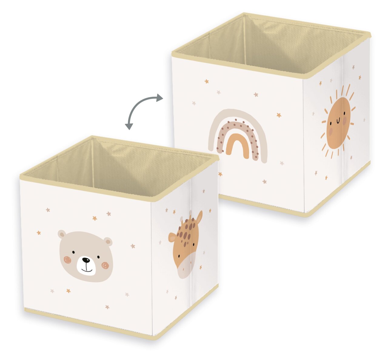 Zwei Aufbewahrungsboxen mit kindlichen Motiven, darunter ein Bär, eine Giraffe, ein Regenbogen und eine Sonne, aus einer schrägen Perspektive fotografiert.