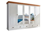 Fünf-türiger Kleiderschrank in Weiß mit Holzdetails, teilweise mit Spiegeln, aus frontaler Perspektive.