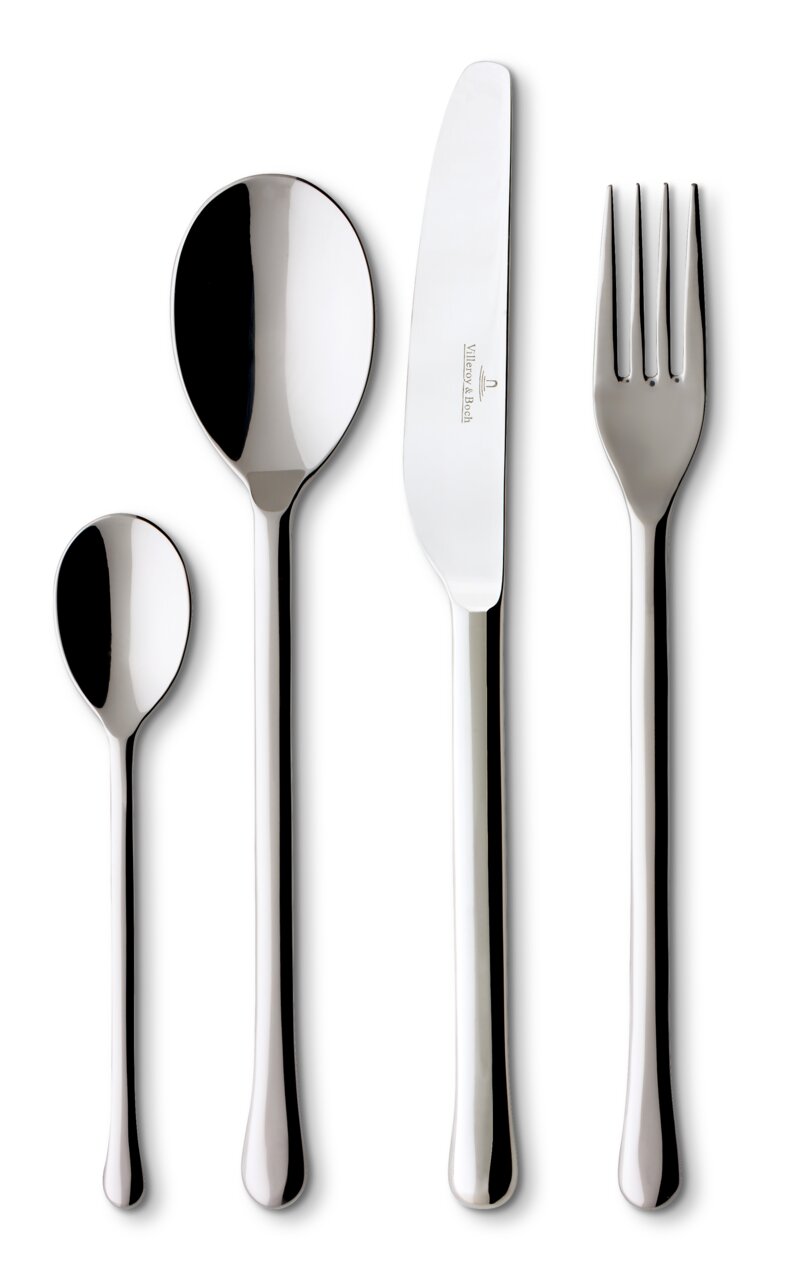 Villeroy & Boch Besteck 30-tlg. UDINE Vorderansicht eines 4-teiligen Bestecksets aus Edelstahl, bestehend aus einem Messer, einer Gabel, einem Esslöffel und einem Teelöffel.