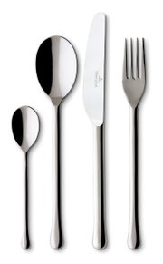 Vorderansicht eines 4-teiligen Bestecksets aus Edelstahl, bestehend aus einem Messer, einer Gabel, einem Esslöffel und einem Teelöffel.