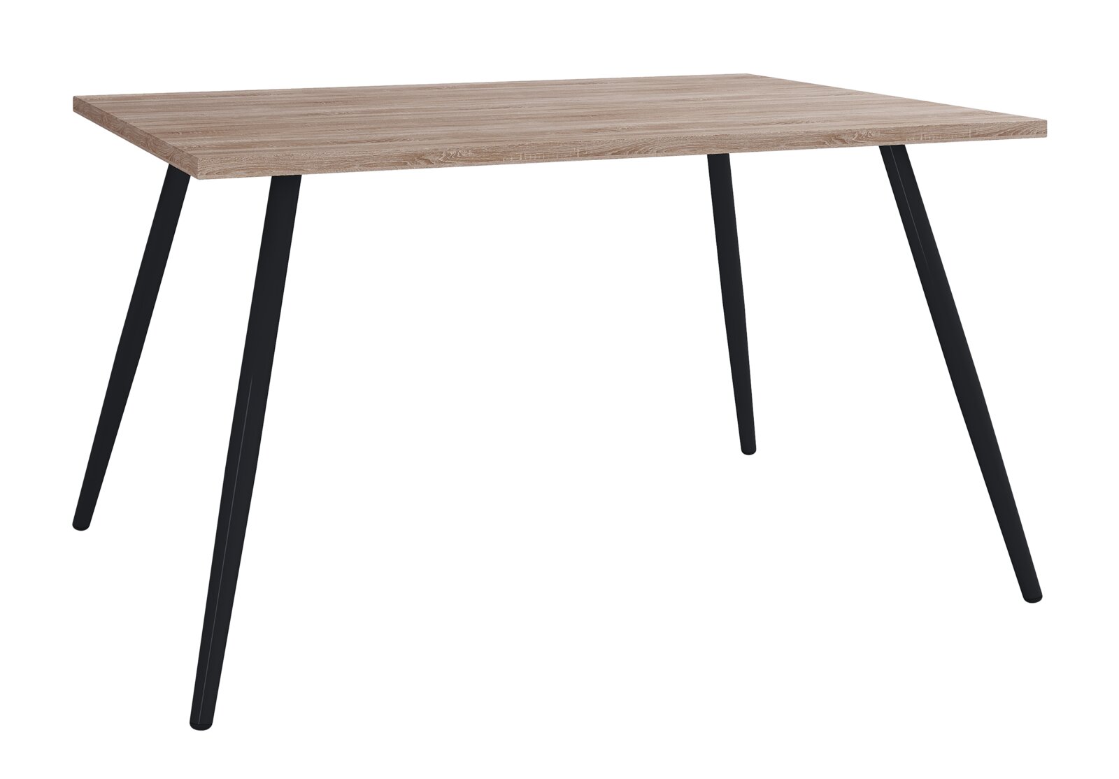 VCM Schreibtisch SALIA Rechteckiger Esstisch mit heller Holzoptik-Tischplatte und schwarzen, schräg gestellten Metallbeinen, freigestellt auf weißem Hintergrund, in schräger Frontansicht von oben