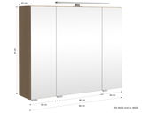 Spiegelschrank mit drei Türen, Holzrahmen und integrierter Beleuchtung, seitliche Perspektive