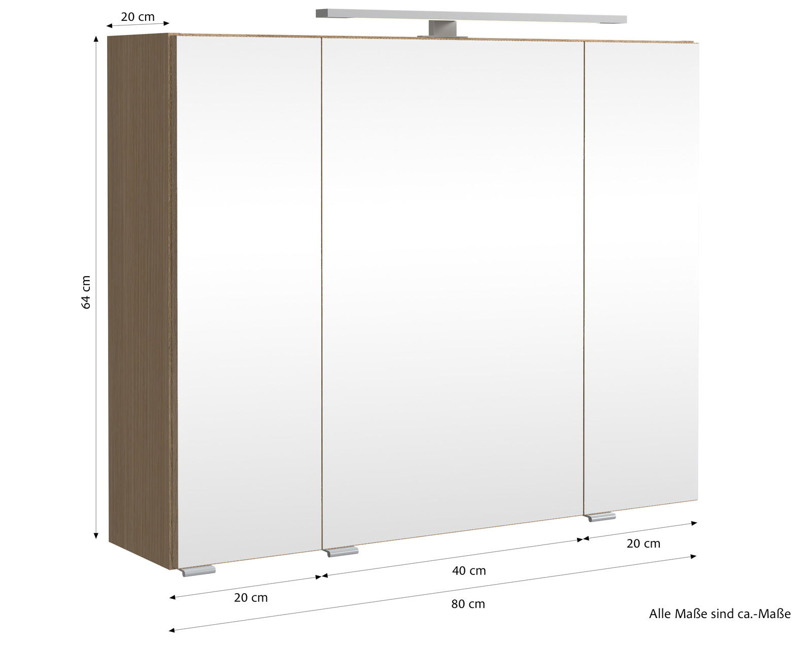 Spiegelschrank mit drei Türen, Holzrahmen und integrierter Beleuchtung, seitliche Perspektive