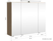 Spiegelschrank mit drei Türen, Holzrahmen und integrierter Beleuchtung, seitliche Perspektive