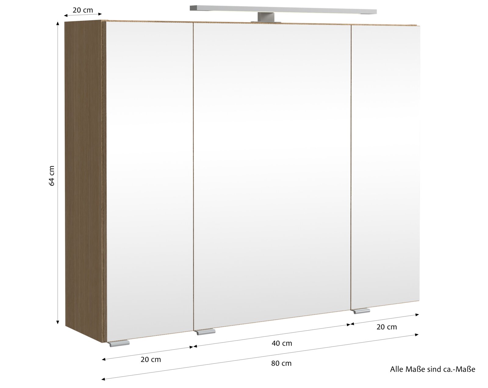Spiegelkast met drie deuren, houten frame en ingebouwde verlichting, zijaanzicht