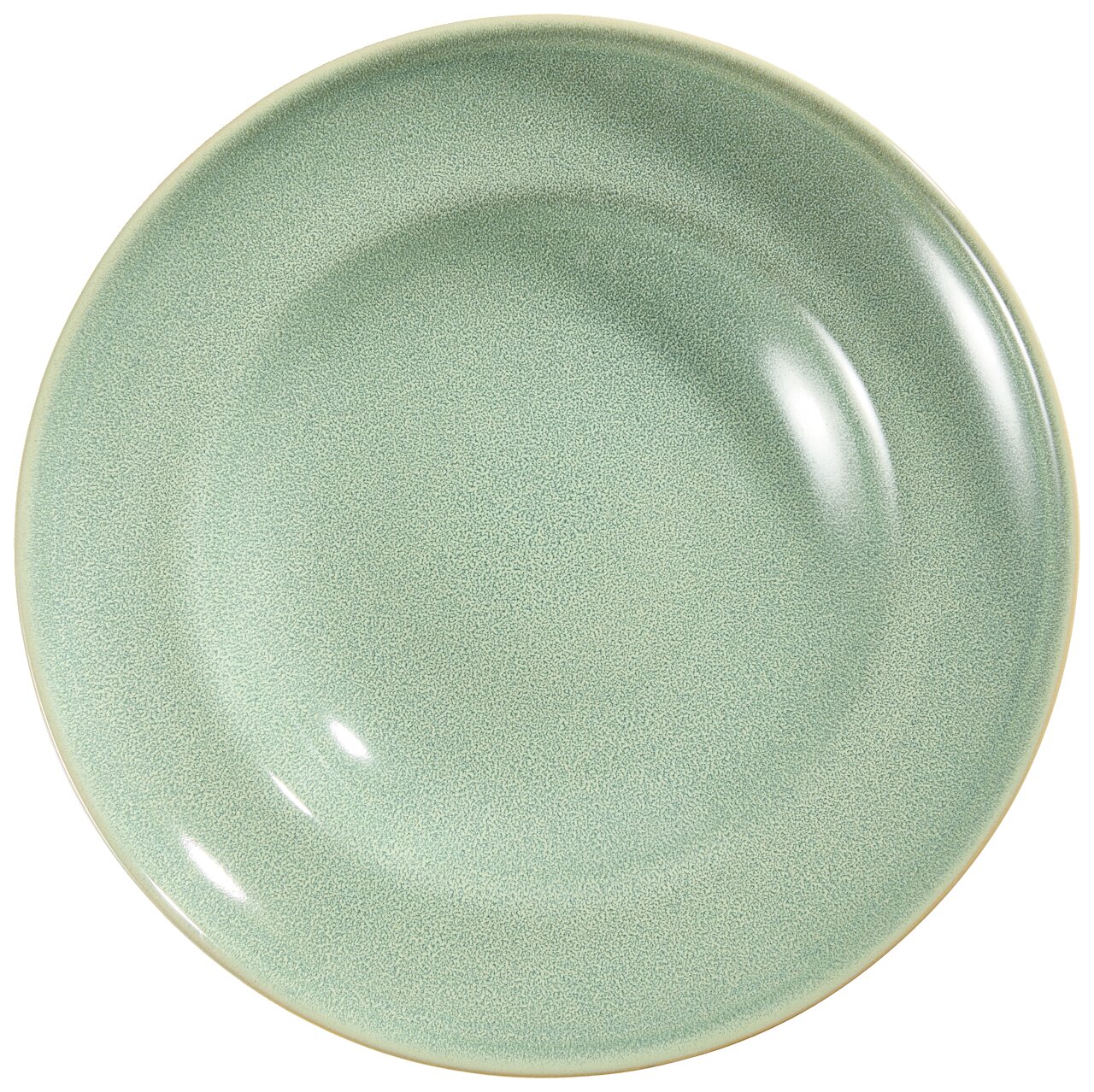 Rond lichtgroen bord met fijn gespikkeld glazuur en subtiele beige rand, van bovenaf gezien