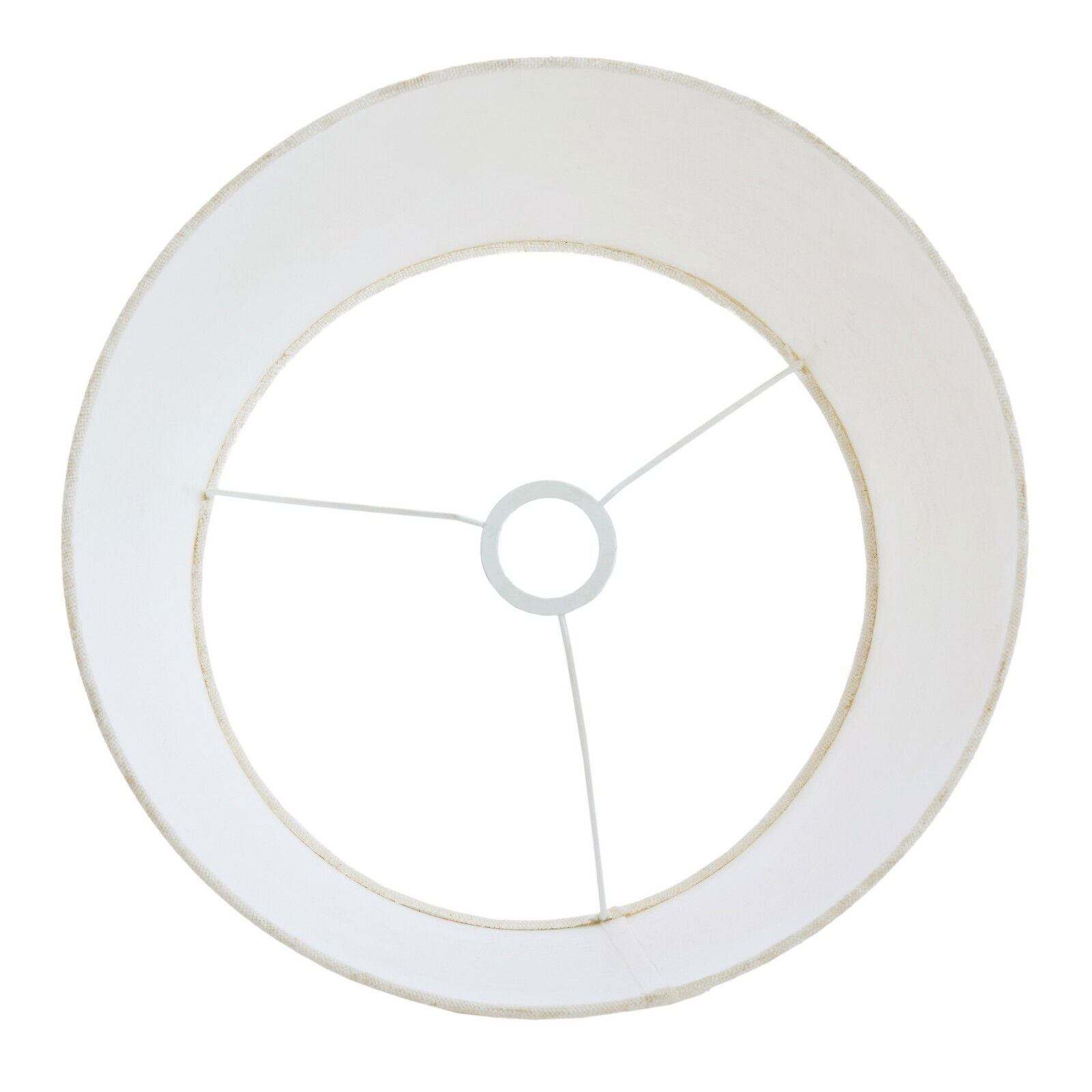 Runder Lampenschirm aus der Vogelperspektive, weiß, mit Metallstreben und zentraler Halterung.