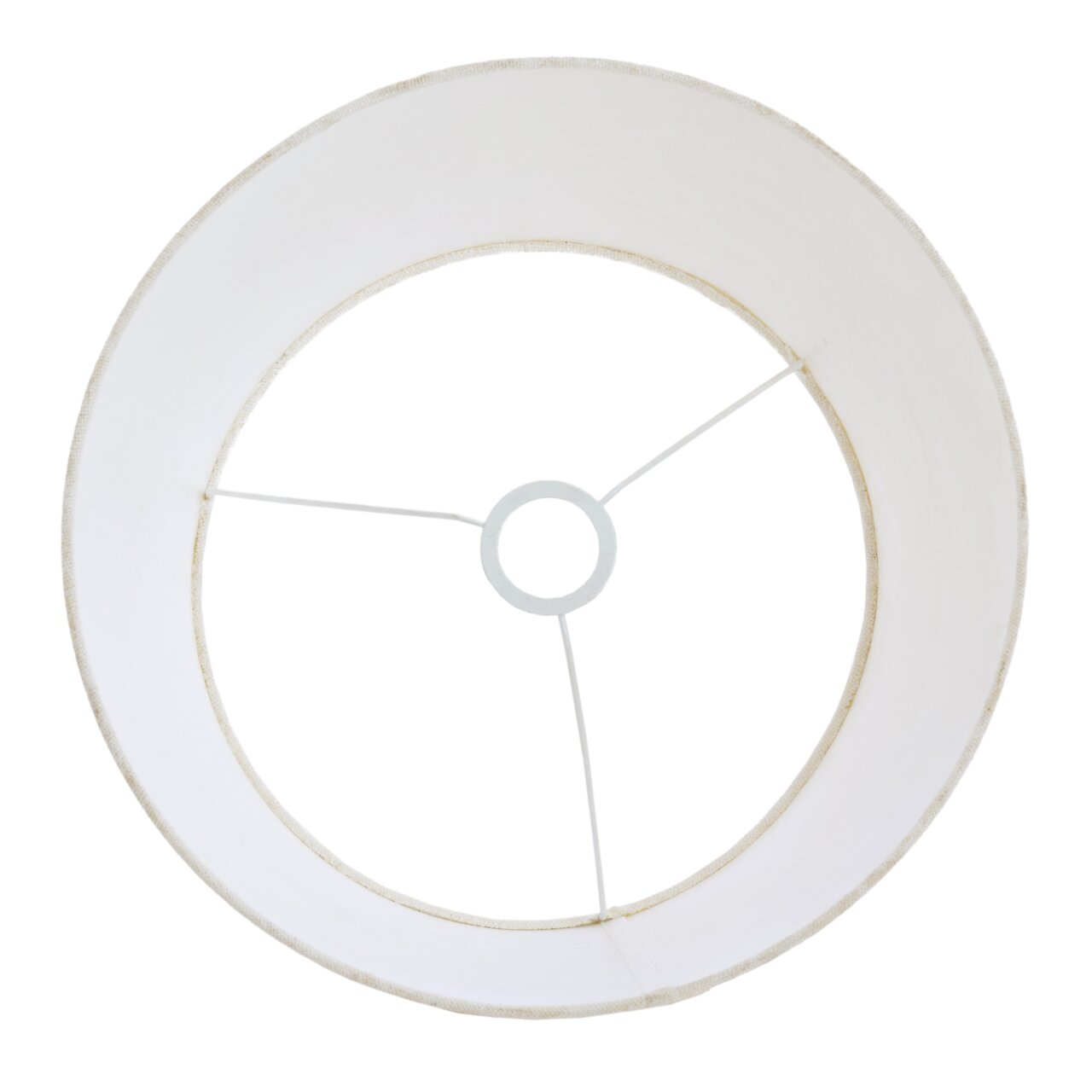 Runder Lampenschirm aus der Vogelperspektive, weiß, mit Metallstreben und zentraler Halterung.