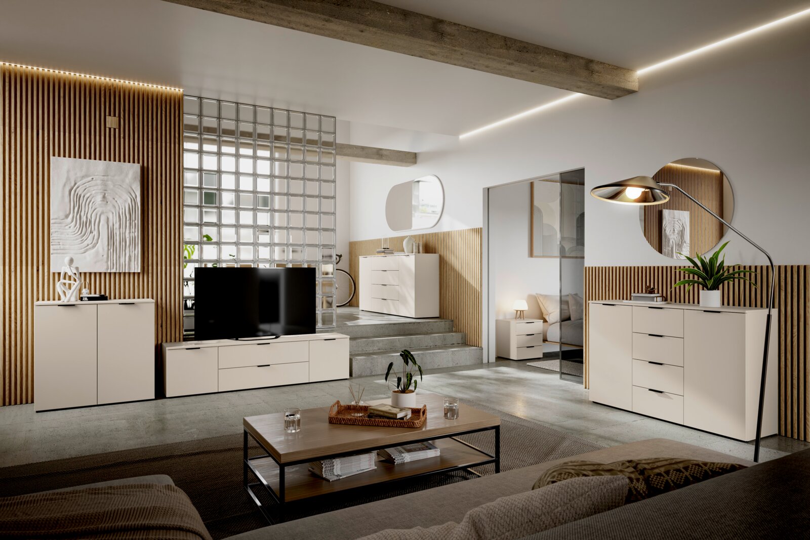 Een modern tv-lowboard in een stijlvolle woonkamer, gezien vanaf de voorkant, met daarop een grote tv en omringd door elegante decoratie.
