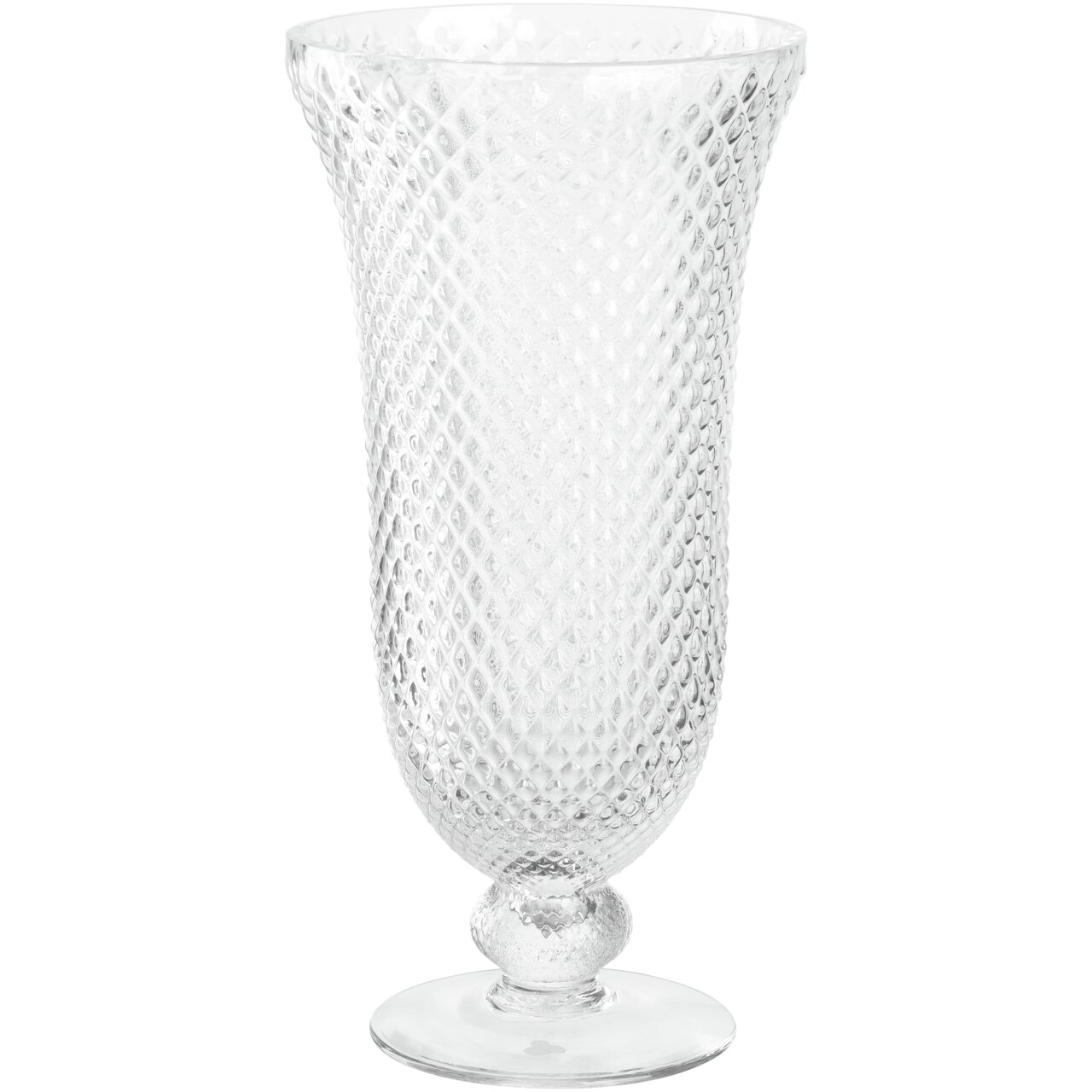 Elegante Glasvase auf Fuß mit strukturierter Oberfläche, seitliche Perspektive