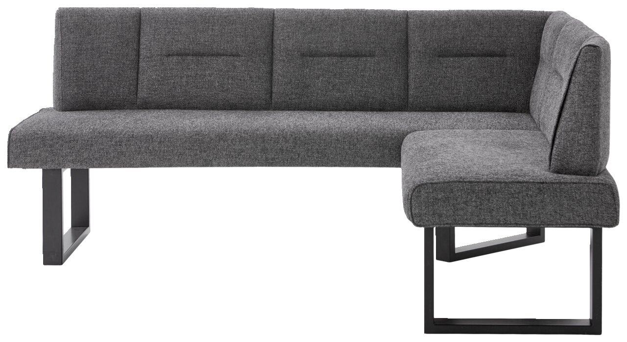 Graue Eckbank KIRA mit modernem Design, Metallbeinen und gepolsterten Sitzflächen, seitliche Perspektive.