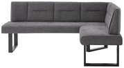 Graue Eckbank KIRA mit modernem Design, Metallbeinen und gepolsterten Sitzflächen, seitliche Perspektive.