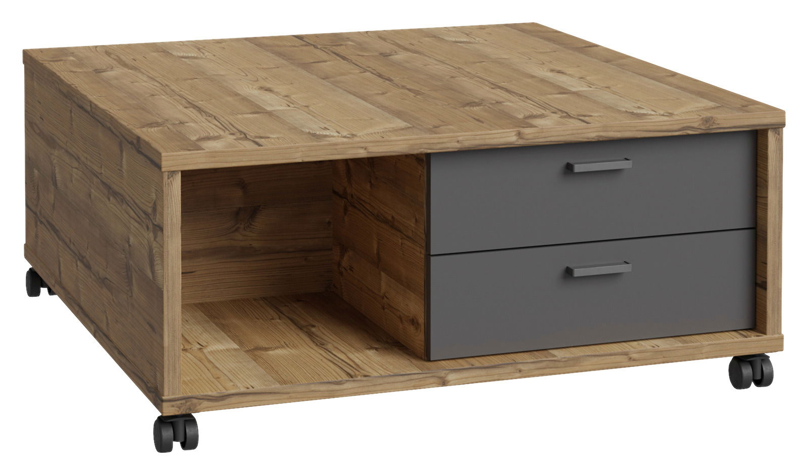 Hom´in Couchtisch MANHATTAN Moderner Couchtisch aus Holz mit zwei Schubladen und Rollen, seitliche Perspektive