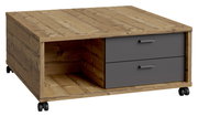 Moderner Couchtisch aus Holz mit zwei Schubladen und Rollen, seitliche Perspektive