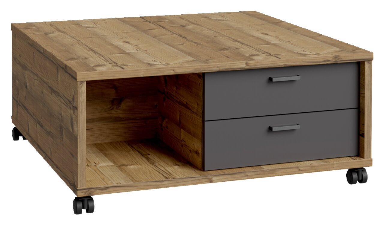 Moderner Couchtisch aus Holz mit zwei Schubladen und Rollen, seitliche Perspektive