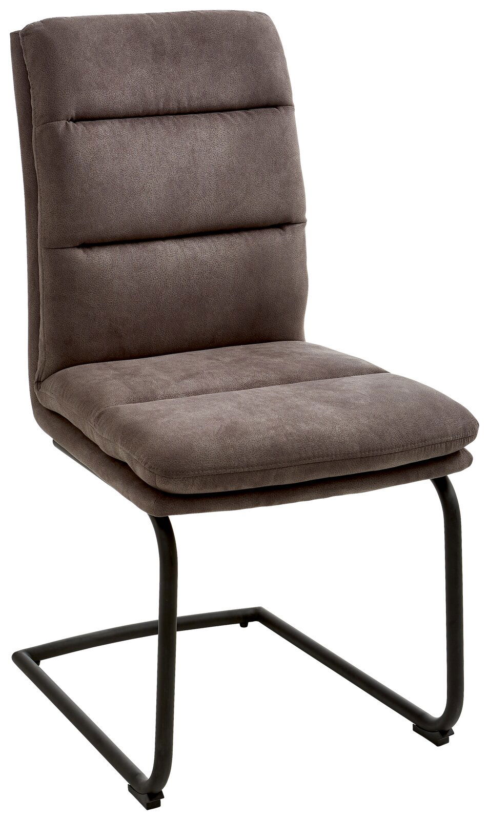 Freischwinger Stuhl in seitlicher Perspektive mit grauem Polster und schwarzem Metallgestell