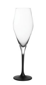 Eleganter Champagnerkelch mit schwarzem Stiel, frontal abgebildet.
