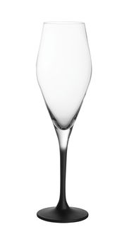 Eleganter Champagnerkelch mit schwarzem Stiel, frontal abgebildet.