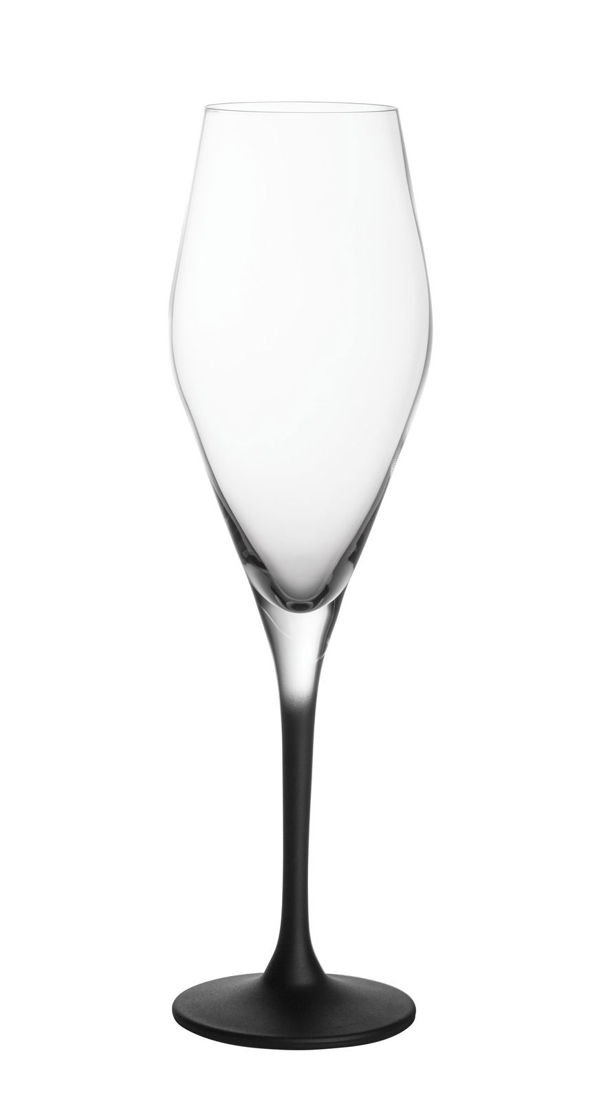 Eleganter Champagnerkelch mit schwarzem Stiel, frontal abgebildet.