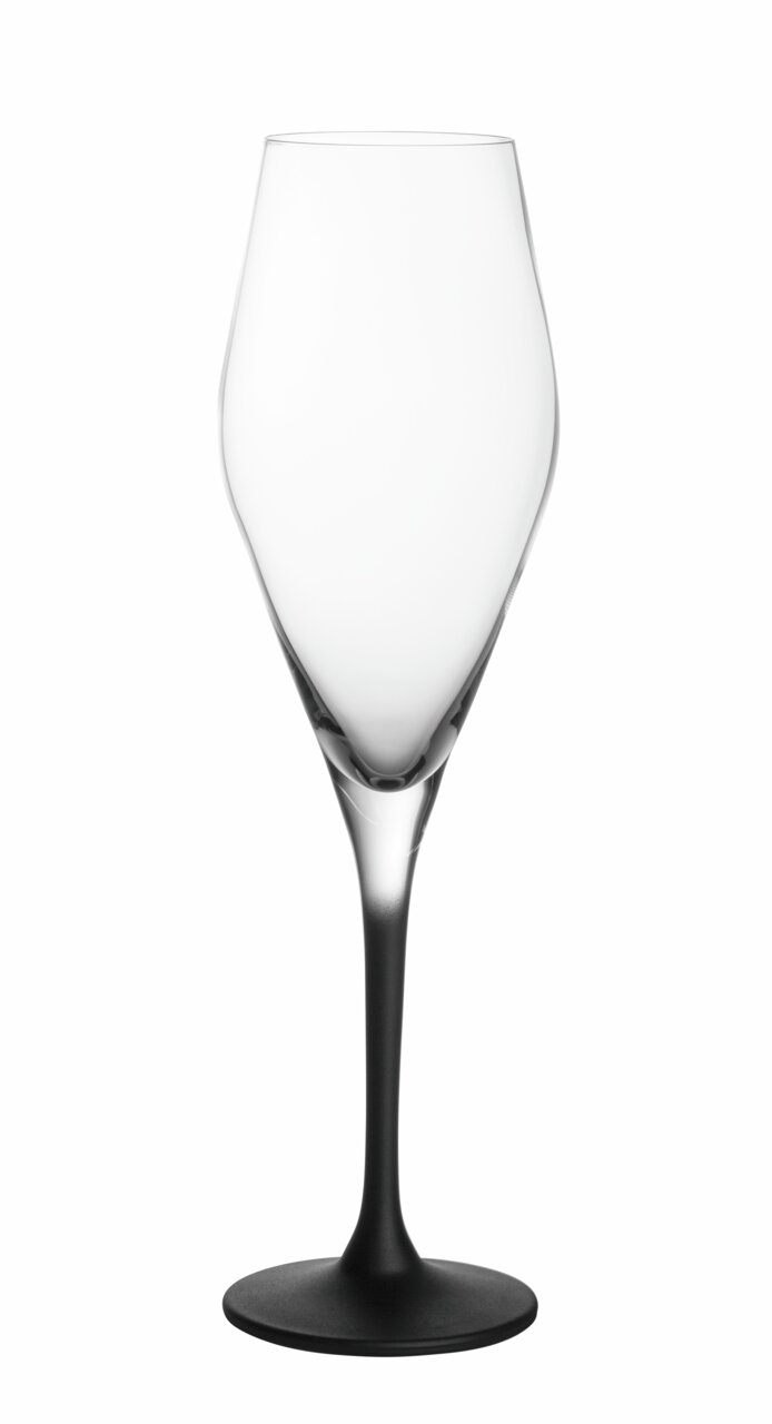 Elegante champagneglas met zwarte steel, afgebeeld van voren.