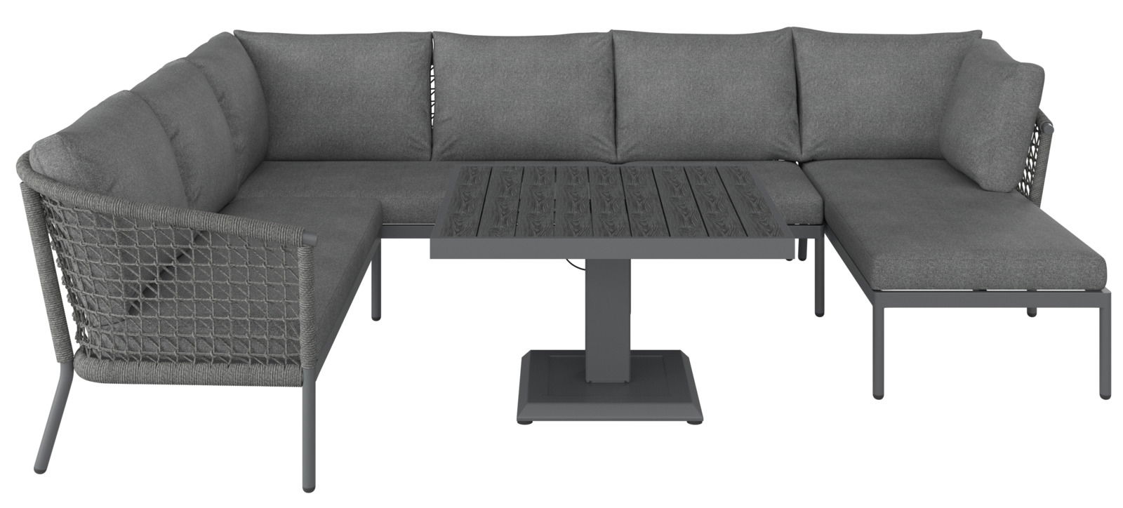 Graues Loungegarnitur-Set mit Ecksofa und Tisch, Vorderansicht