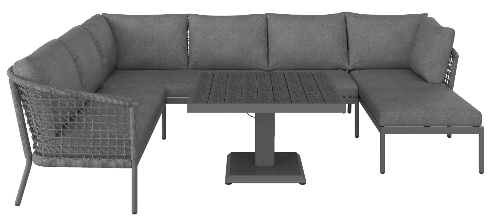 Graues Loungegarnitur-Set mit Ecksofa und Tisch, Vorderansicht