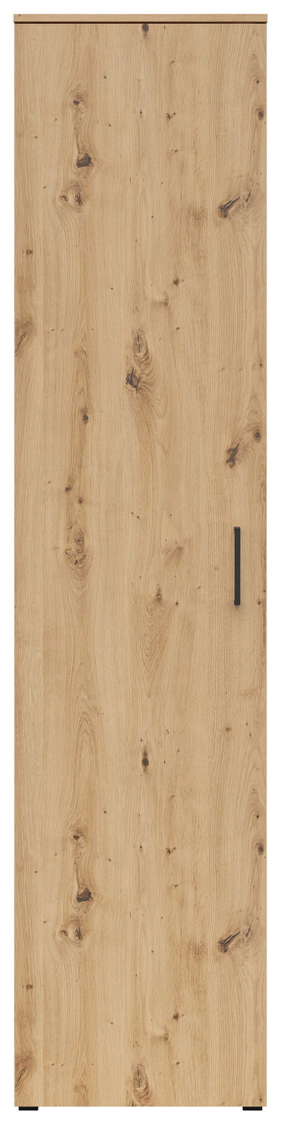 Frontansicht eines Mehrzweckschranks mit Holzmaserung und schwarzem Griff.