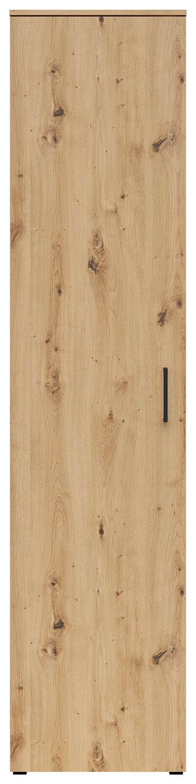 Frontansicht eines Mehrzweckschranks mit Holzmaserung und schwarzem Griff.