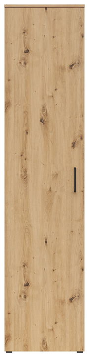 Frontansicht eines Mehrzweckschranks mit Holzmaserung und schwarzem Griff.