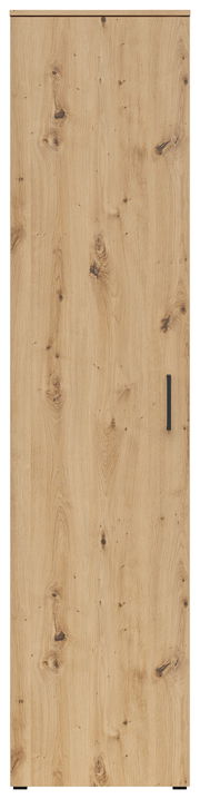 Frontansicht eines Mehrzweckschranks mit Holzmaserung und schwarzem Griff.