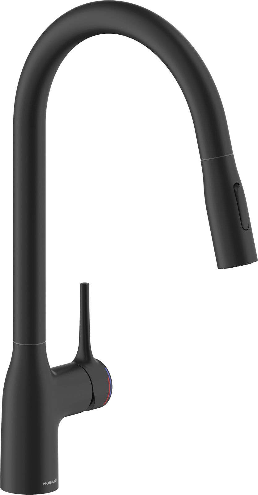 Schwarzer Einhebelmischer mit gebogenem Auslauf, seitlicher Hebel und herausziehbarer Brause, seitliche Perspektive