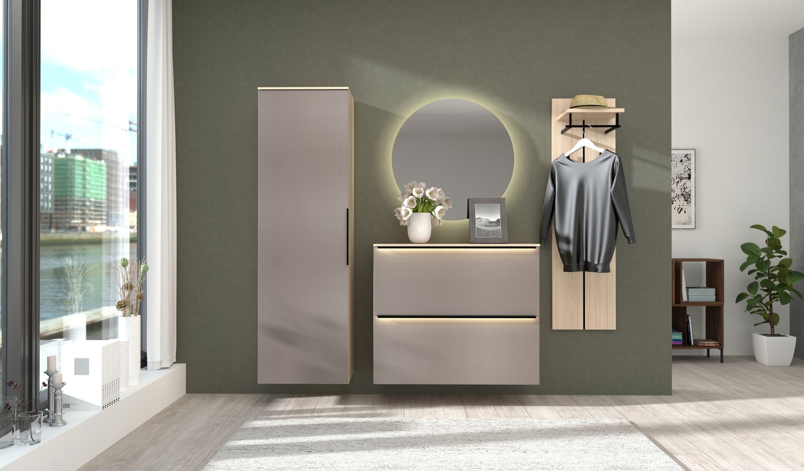 Moderne Garderoben-Kombination mit Schrank, Spiegel, Kommode und Wandpaneel, frontal abgebildet in einem hellen Raum mit Blick auf die Stadt.