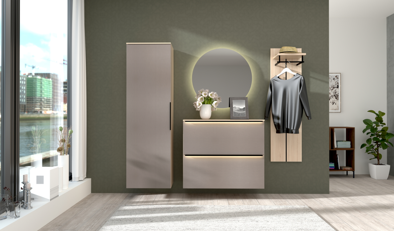 Moderne Garderoben-Kombination mit Schrank, Spiegel, Kommode und Wandpaneel, frontal abgebildet in einem hellen Raum mit Blick auf die Stadt.