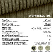 Nahaufnahme (Detailansicht von oben) eines khakifarbenen Cordstoffs mit Rippenstruktur; Stoffdetail_016, Material 90% PES/10% NY, 35.000 Scheuertouren, Abriebfestigkeit 4–5, Pillingfestigkeit 5, OEKO-TEX Standard 100, pet friendly und easy clean.