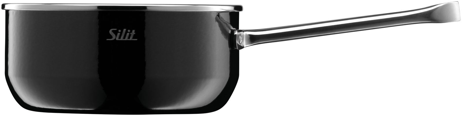 Schwarzer Kochtopf mit langem Griff, seitliche Perspektive