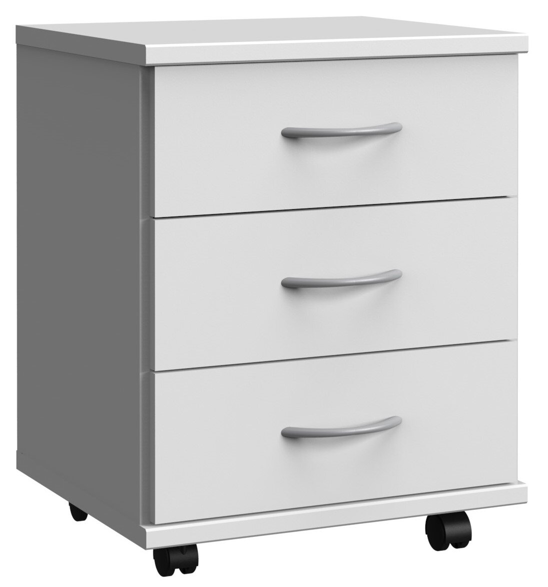 XORA Rollcontainer MULTIRAUMKONZEPT Weißer Rollcontainer mit drei Schubladen und silbernen Griffen, seitliche Perspektive