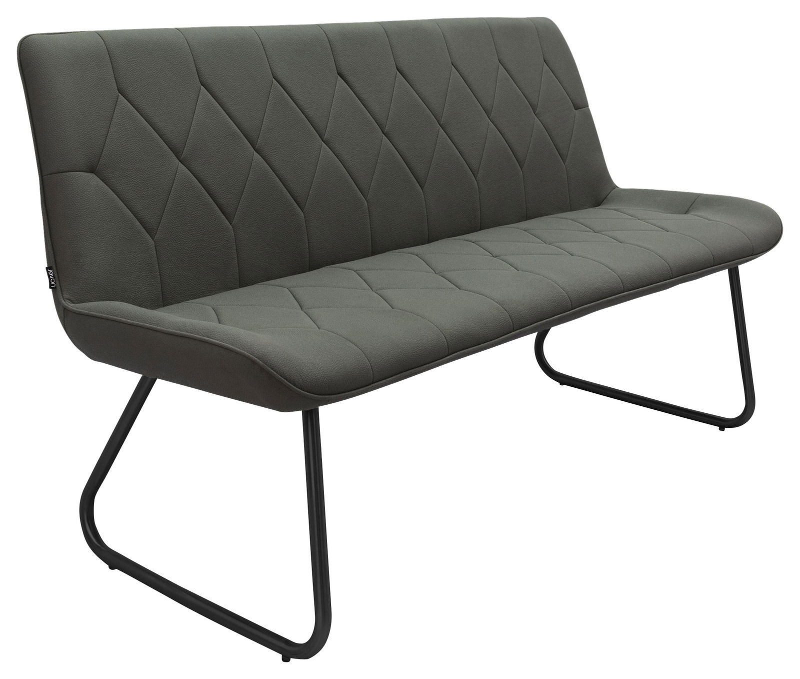 Moderne grüne Bank mit gepolsterter Sitzfläche und Rückenlehne, schwarzem Metallgestell, seitliche Perspektive