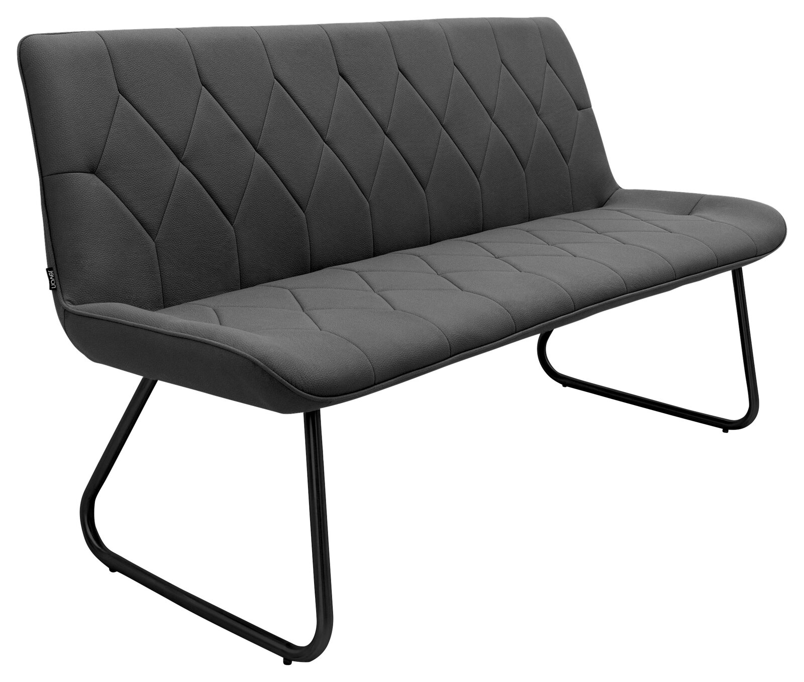 Novel Bank HENRY Moderne grüne Bank mit gepolsterter Sitzfläche und Rückenlehne, schwarzem Metallgestell, seitliche Perspektive