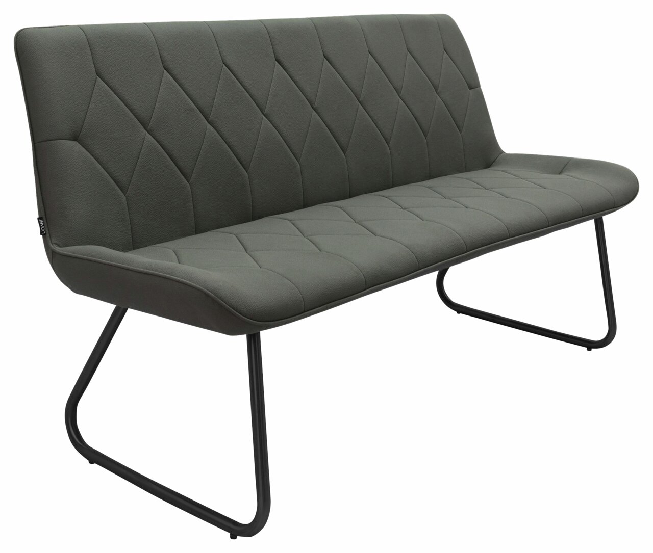 Novel Bank HENRY Moderne grüne Bank mit gepolsterter Sitzfläche und Rückenlehne, schwarzem Metallgestell, seitliche Perspektive