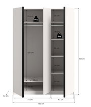 Offener zweitüriger Kleiderschrank in Weiß mit schwarzen Seiten, Innenansicht von vorn mit Maßangaben (H 183 cm, B 130 cm, T 53 cm), links Kleiderstange und Ablage, rechts mehrere Einlegeböden, Tragkraft je Boden 5 kg